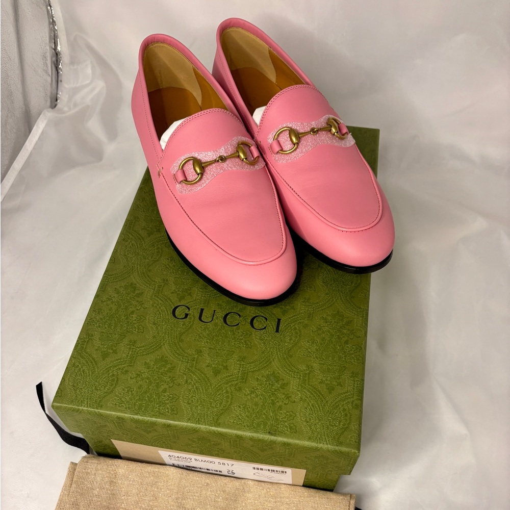 Gucci Butterfly Pink Leather Jordaan Horsebit Loafers Shoes 37